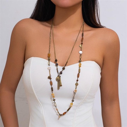 occidental style ethnic style Irregular turquoise coin necklace  retro Metal chain multilayer ta