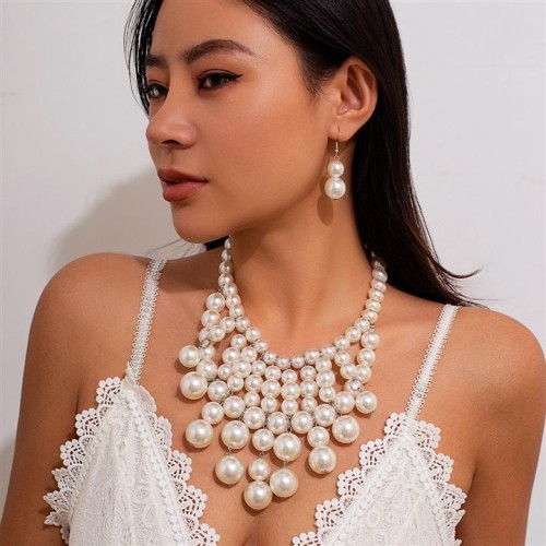 occidental style personality exaggerating imitate Pearl tassel necklace set   retro geometry bea