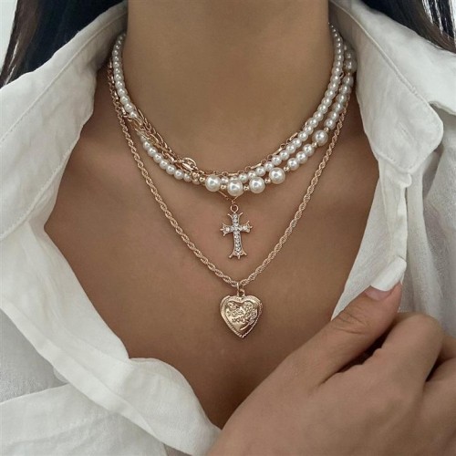 occidental style fashionins diamond cross Peach heart necklace  brief imitate Pearl beads clavicle woman