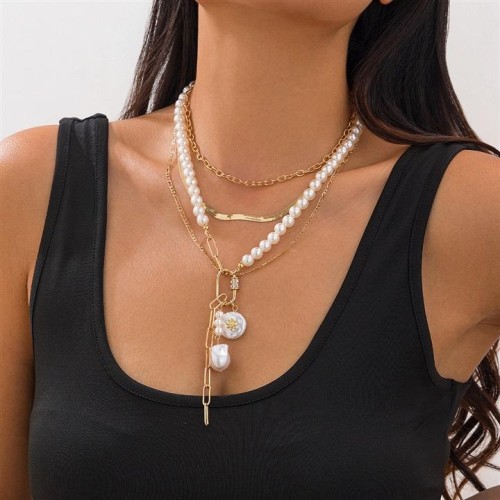 occidental style fashion imitate Pearl necklace ins Metal snake chain clavicle chain