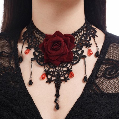 occidental style Halloween trend black lace Collar woman  retro rose drop pendant necklace
