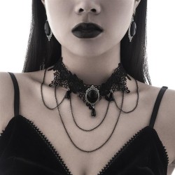 occidental style wind black gem drop tassel necklace woman  black lace Collar