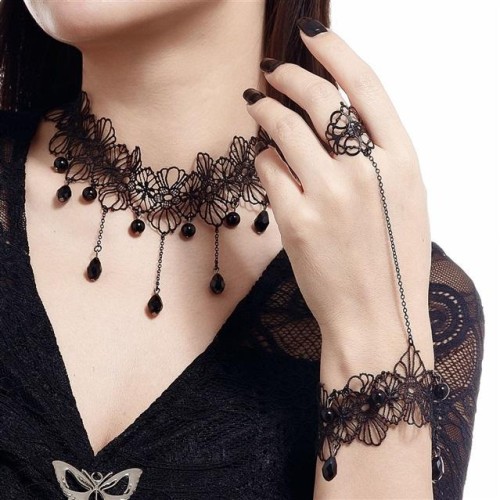 occidental style black lace Collar necklace  wind black crystal tassel bracelet