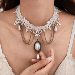 occidental style retro imitate Pearl gem pendant lace chain personality Metal ..