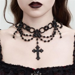 occidental style black wind cross pendant necklace woman   retro multilayer beads tassel clavicle Collar