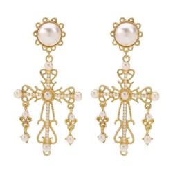 E occidental style temperament fashion retro mosaic Pearl cross earrings woman