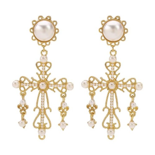 E occidental style temperament fashion retro mosaic Pearl cross earrings woman