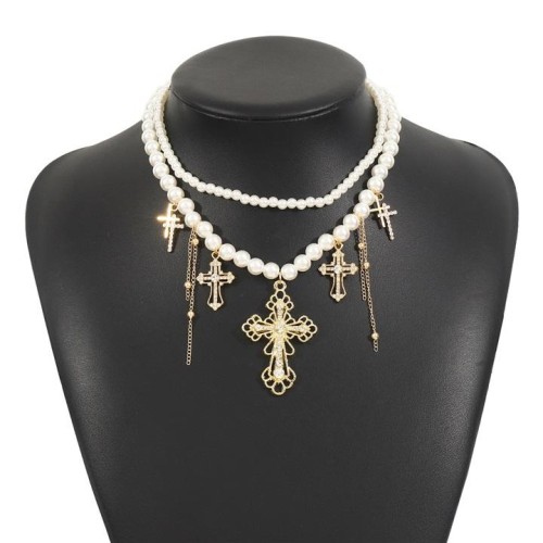 temperament samll Double layer imitate Pearl necklace  occidental style personality three leaf cross multilayer 