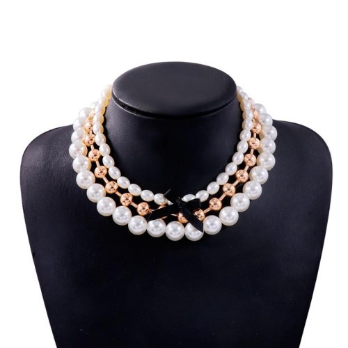 fashion multilayer Pearl necklace pure handmade bow necklace exaggerating temperament clavicle chain