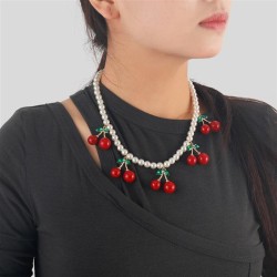 lovely cherry pendant imitate Pearl necklace lady temperament charm necklace c..