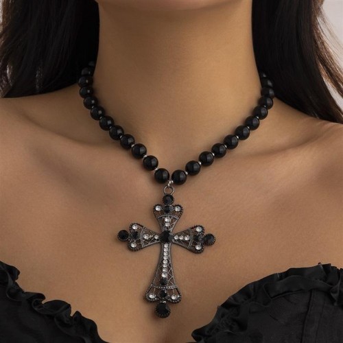 occidental style punk wind cross necklace black exaggerating embed imitate Pearl multilayer