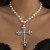occidental style punk wind cross necklace black exaggerating embed imitate Pearl multilayer