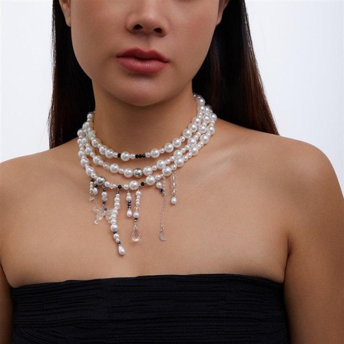occidental style  retro trend Pearl tassel necklace woman  personality brief diamond drop tassel chain