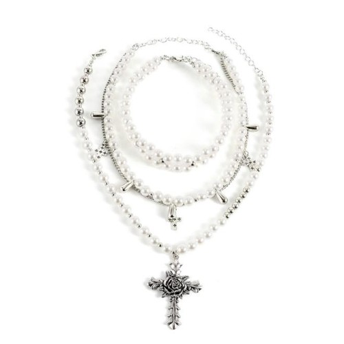 multilayer cross Pearl necklace womanchocker sweater chain long style exaggerating