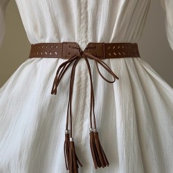 ( brown)ethnic style handmade weave belt woman width Dress Bohemia retro collo..