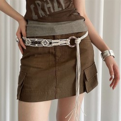 ( Beige)retro ethnic style pattern beads rope woman handmade weave thin belt a..