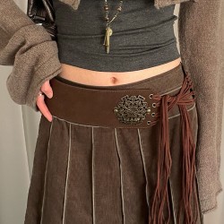 ( Brown)Bohemia ethnic style width belt woman leather velvet tassel thin Girdl..