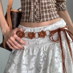 ( Brown)retro ethnic style Rivet flowers belt woman personality fashion long t..