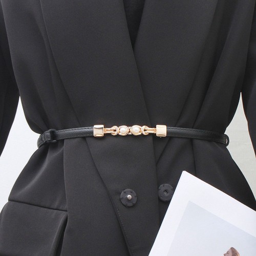 (A  black)black belt woman ornament Waist retraction all-Purpose Pearl buckle women Suit sweater samll belt lady