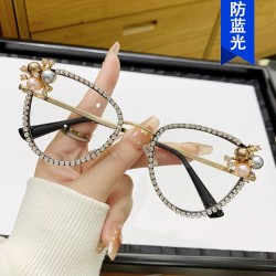 (C  while  Lens )three cat diamond spectacles Anti blue light luxurious Eyeglass frame Pearl retro personality