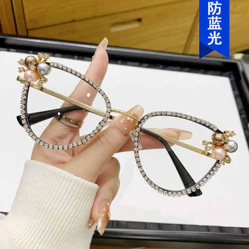 (C  while  Lens )three cat diamond spectacles Anti blue light luxurious Eyeglass frame Pearl retro personality