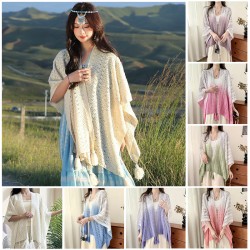(   Beige)pure color ornament knitting hollow ethnic style shawl summer high t..
