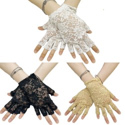 ( black)Sunscreen bride lace half glove women short style flowers glove, weddi..