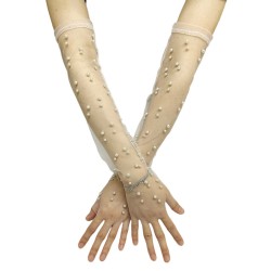 ( white) lady wedding long style gauze Pearl bride glove white lace transparen..