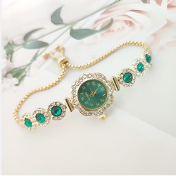 ( Gold belt green) diamond fashion lady watch fully-jewelled woman style Pull-..