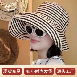 (black and white)day foldable Stripe Bucket hat woman summer big head sun hat ..