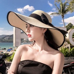 (D  Khaki khaki) straw hat lady big sunscreen foldable bow Sandy beach ultravi..