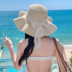 (L  khaki bow )Korean style lace bow big straw hat woman summer draughty Shade..