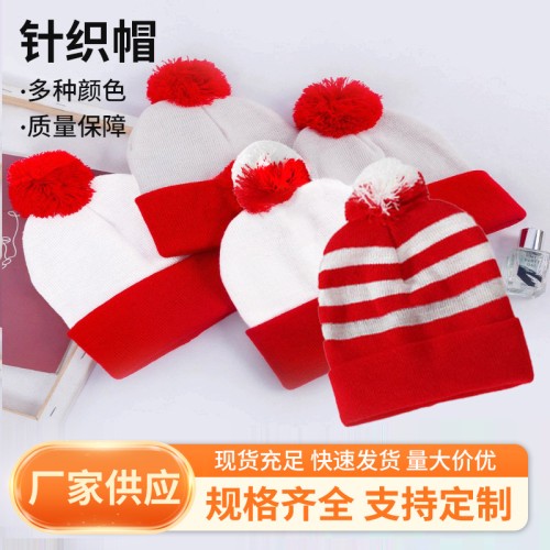 ( red+ white  stripe) christmas hat Stripe knitting blue patchwork woolen knitting knitting