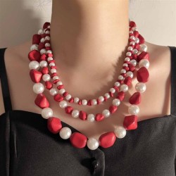 ( Red necklace) personality trend retro fashion resin imitate Pearl three laye..