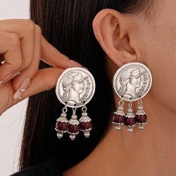 occidental style retro Round glass tassel silver earrings palace wind temperament samll