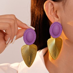 retro color Oval Leaf geometry silver earrings occidental style personality exagger