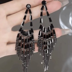 occidental style wind long style black zircon tassel ear stud silver Earring high-