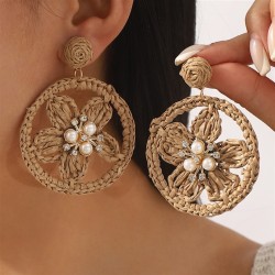 E handmade weave  Raffia flowers diamond Pearl ear stud wind Earring woman