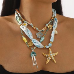 blue flower wind starfish necklace stainless steel gilded temperament necklace..