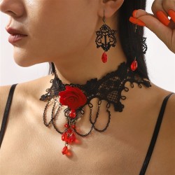 personality black rose lace necklace earrings  set
