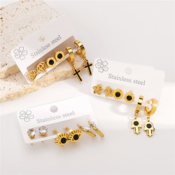 EI wind stainless steel earrings eyes cross pendant set temperament retro earr..