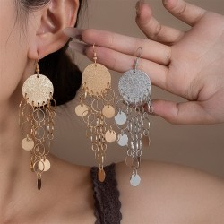 occidental style Metal wind frosting sequin Round hollow tassel earrings long ..