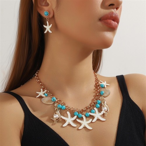 summer day beach starfish woman necklace earrings set Shells mixing more elements two set