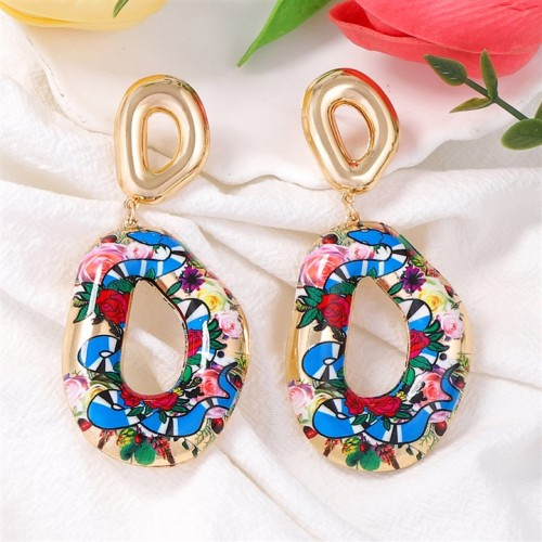 retro trend personality Metal print hollow earring occidental style geometry Graffiti flowers fashion personality Ea