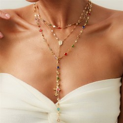 occidental style color crystal chain long necklace ins diamond cross pendant c..
