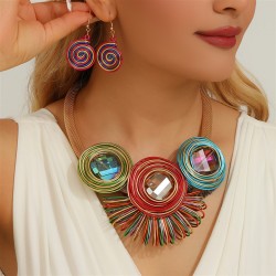 christmas glass gem pendant clavicle necklace earrings set fashion sun flower ..