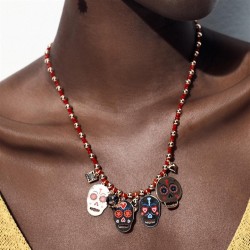 same style retro Halloween stainless steel skull love pendant long necklace wo..