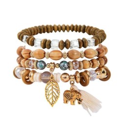 Bohemian style elephant tassel hollow leaves pendant  multilayer elasticity rope bracelet