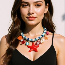 I leisure wind Alloy enamel starfish Shells samll print pendant braid necklace