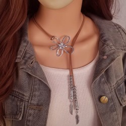 Bohemian style flowers pendant necklace retro imitate leather velvet rope feat..
